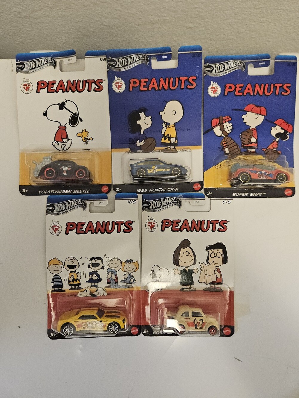 Hot Wheels Peanuts 75th Anniversary Silver Series Complete 5-Car Set